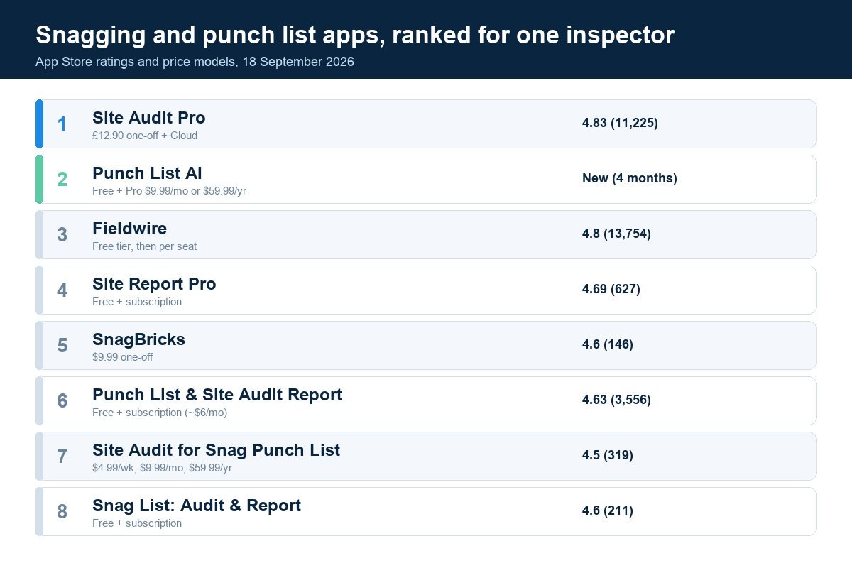 Ranking graphic of eight snagging and punch list apps with their App Store ratings and price models, from Site Audit Pro at the top