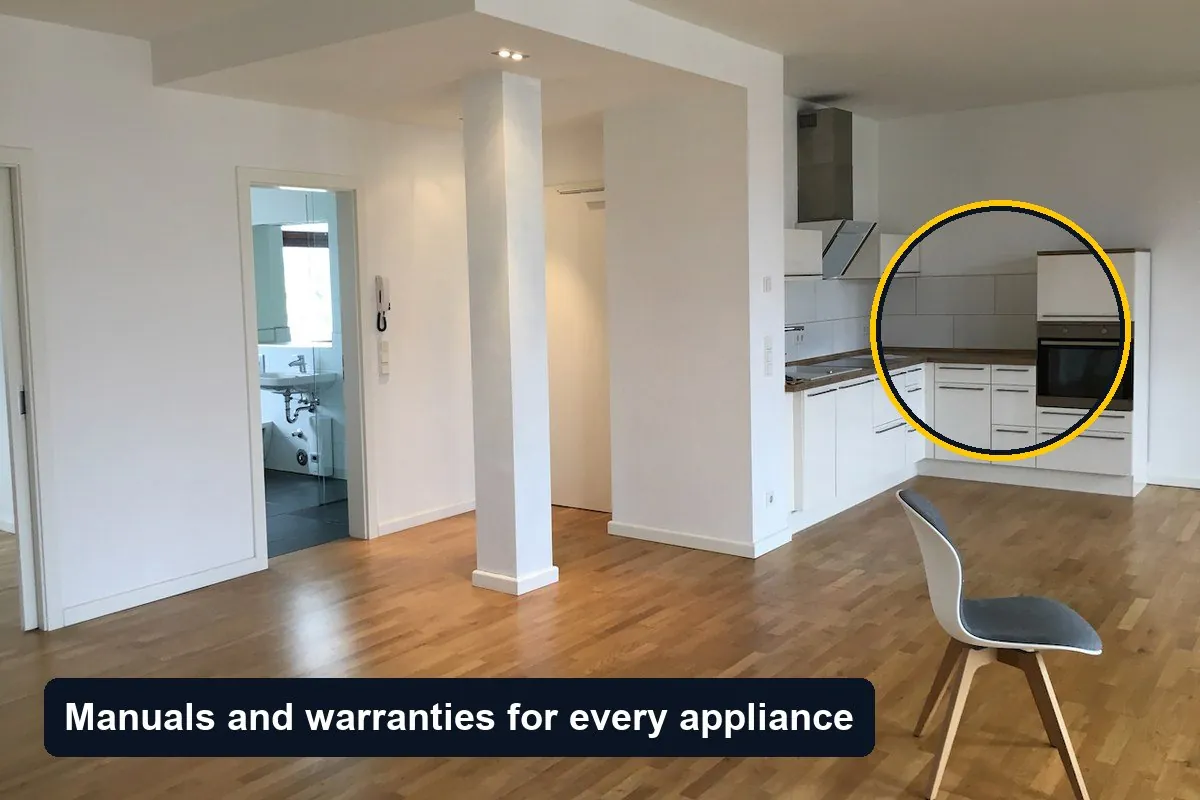A finished open-plan apartment with a fitted white kitchen and oven, circled, with the label Manuals and warranties for every appliance