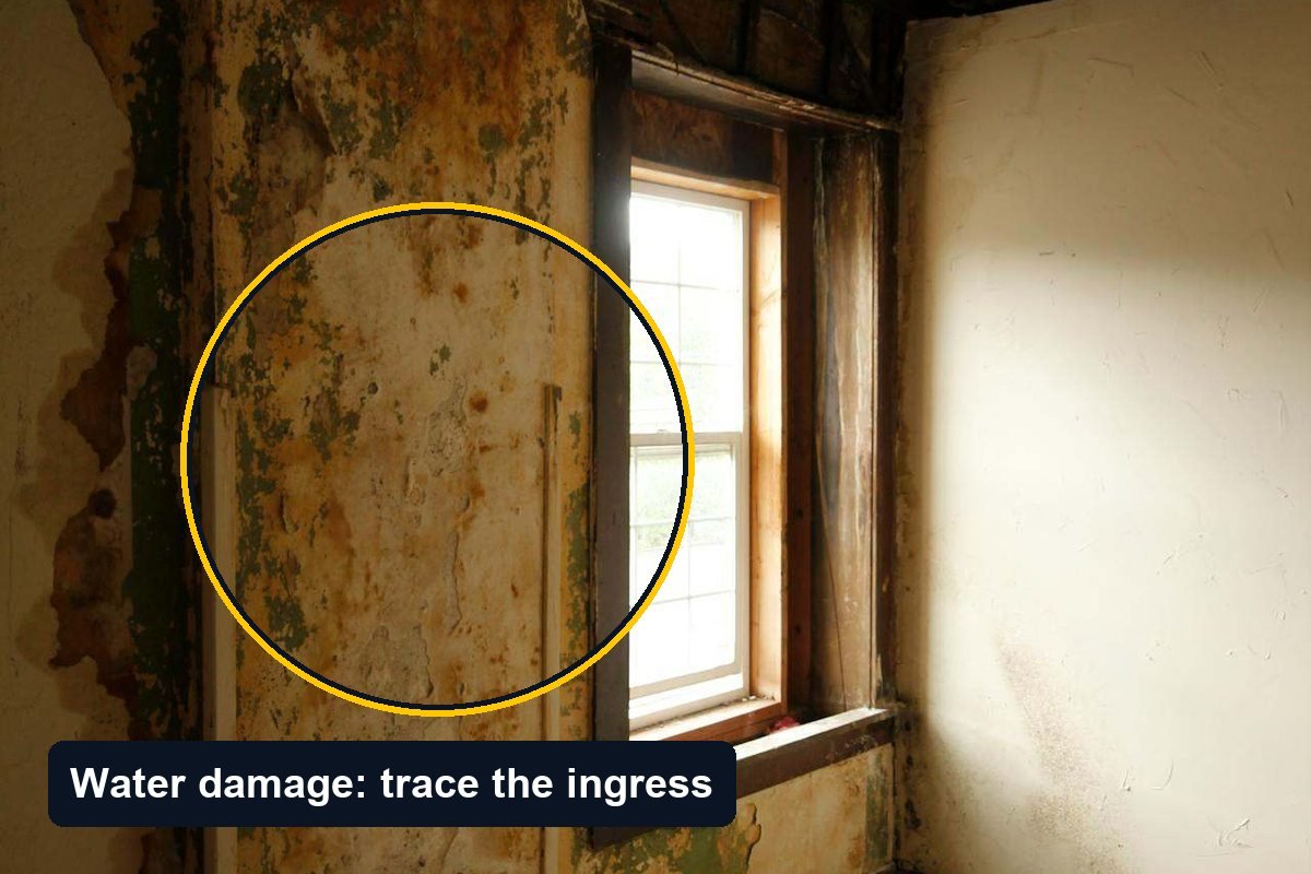 Water-damaged interior wall around a window, with stained, blistered and flaking plaster