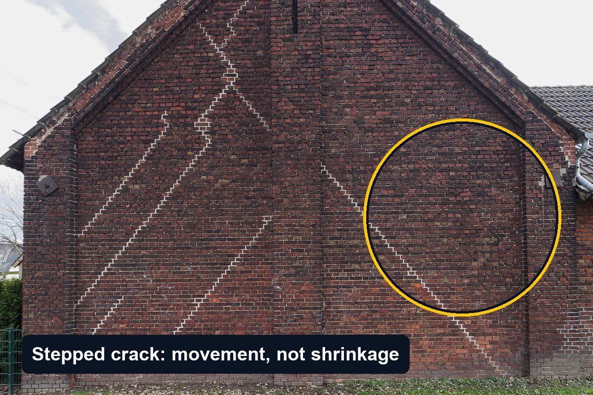Brick gable wall with several long diagonal stepped cracks that have been repointed in pale mortar