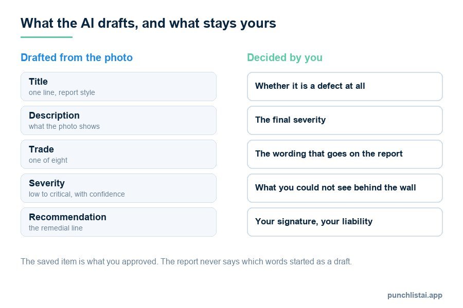 Diagram separating what the AI drafts from a defect photo (title, description, trade, severity, recommendation) from what the inspector decides (whether it is a defect, the final severity, the wording, hidden conditions, liability)