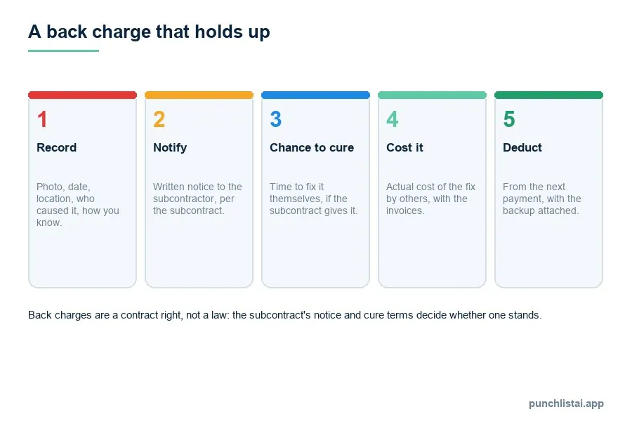 Five-step diagram of a back charge that holds up: record the damage with photo, date and cause, give written notice under the subcontract, allow time to cure, cost the fix with invoices, deduct from the next payment with the backup