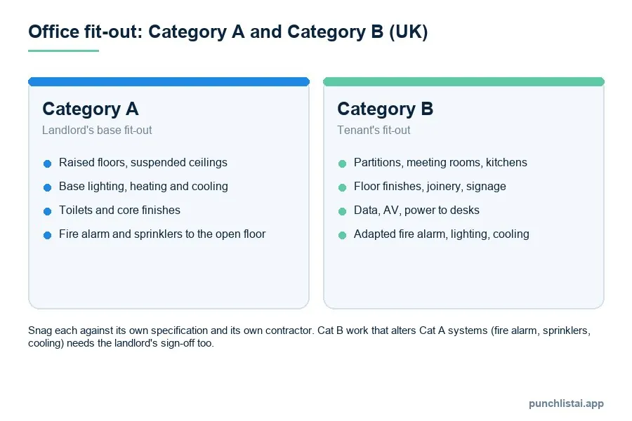 Comparison of UK office fit-out categories: Category A, the landlord's base fit-out with raised floors, suspended ceilings, base lighting heating and cooling, toilets and fire systems to the open floor; Category B, the tenant's fit-out with partitions, meeting rooms, kitchens, finishes, joinery, data and AV, and adapted fire alarm, lighting and cooling