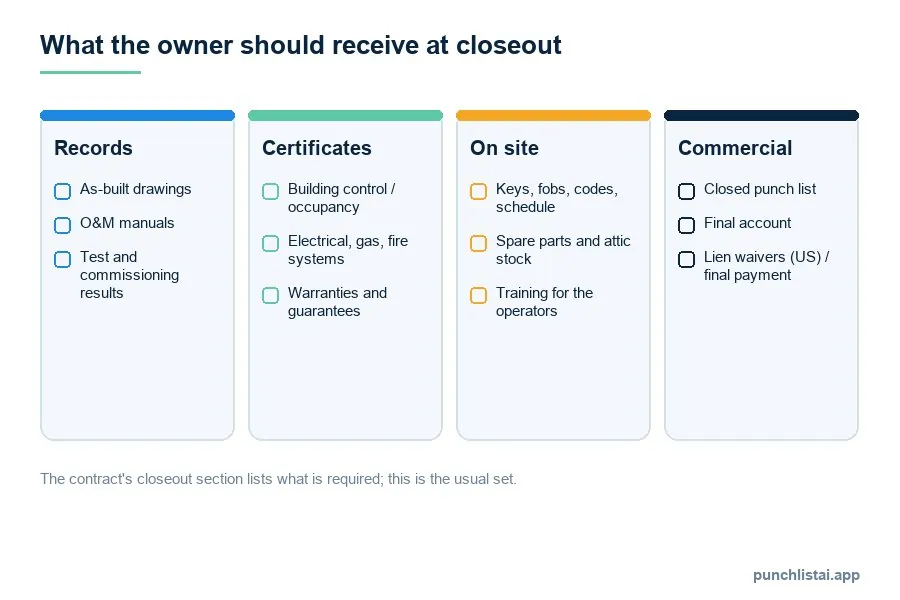 Four columns of closeout deliverables: records (as-built drawings, operation and maintenance manuals, test and commissioning results), certificates (building control or occupancy, electrical gas and fire systems, warranties), on site (keys and codes, spare parts, operator training) and commercial (closed punch list, final account, lien waivers or final payment)
