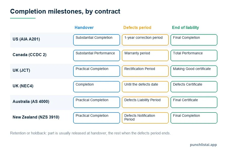 Table of completion milestones by contract: US AIA substantial completion, one-year correction period, final completion; Canada CCDC 2 substantial performance, warranty period, total performance; UK JCT practical completion, rectification period, making good certificate; UK NEC4 completion, defects date, defects certificate; Australia AS 4000 practical completion, defects liability period, final certificate; New Zealand NZS 3910 practical completion, defects notification period, final completion