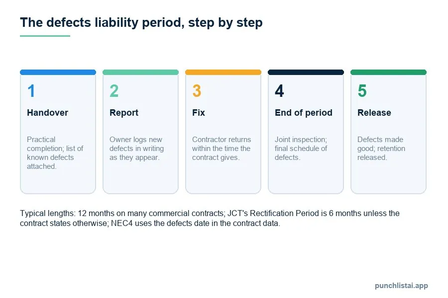 Five-step diagram of the defects liability period: handover with a list of known defects, owner reports new defects in writing, contractor returns to fix within the contract's time, joint inspection at the end with a final schedule of defects, defects made good and retention released