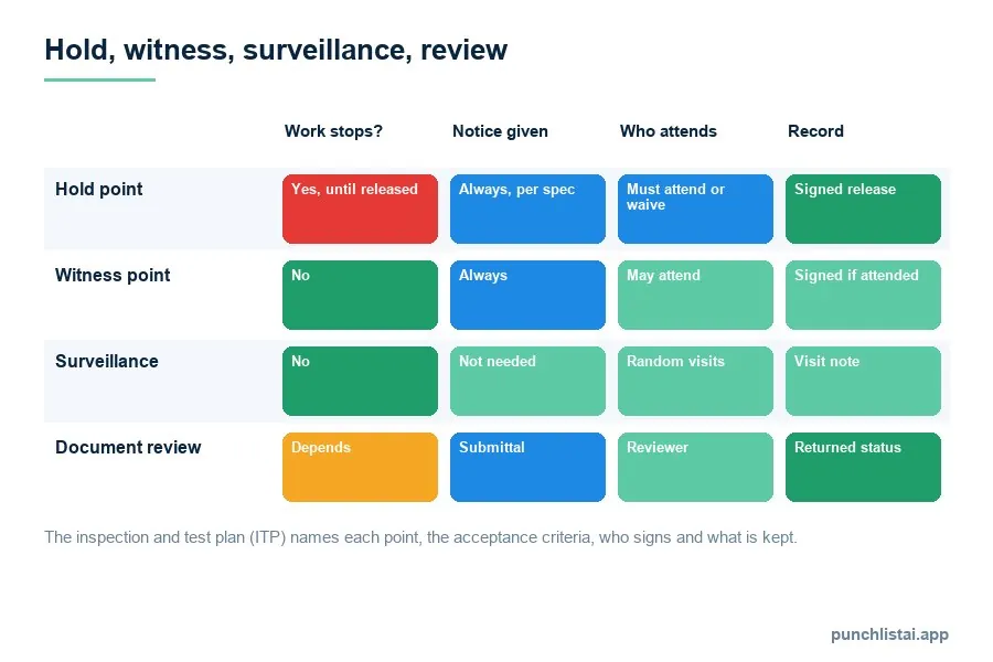 Comparison table of hold points, witness points, surveillance and document review: whether work stops, whether notice is given, who attends and what record is kept
