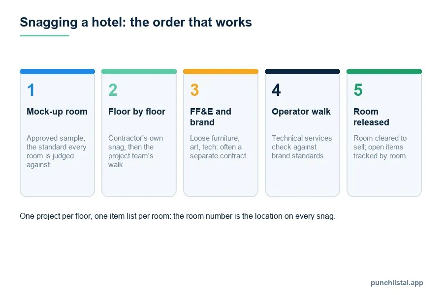 Five-step diagram of hotel snagging: approved mock-up room, floor by floor walks by the contractor then the project team, furniture and brand items, operator walk against brand standards, room released for sale