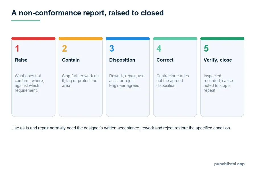 Five-step diagram of a non-conformance report: raise it against the requirement, contain the work, agree a disposition of rework, repair, use as is or reject, correct it, then verify and close with the cause noted