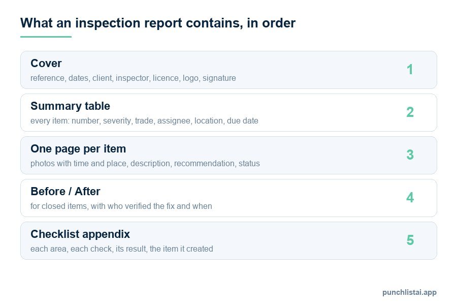 Diagram of the five parts of an inspection report in order: cover, summary table, one page per item, before and after pages, checklist appendix