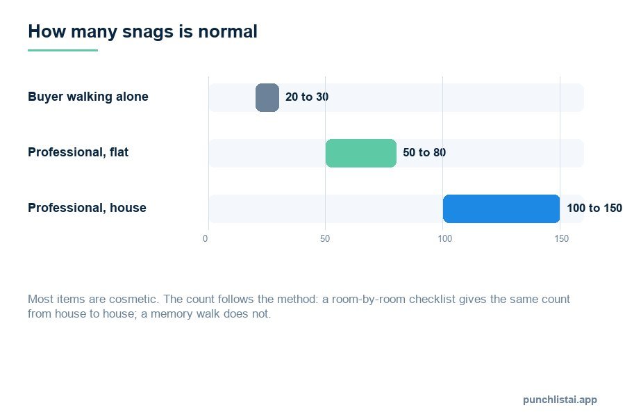 Bar chart of typical snag counts: 20 to 30 for a buyer alone, 50 to 80 for a professional on a flat, 100 to 150 for a professional on a house