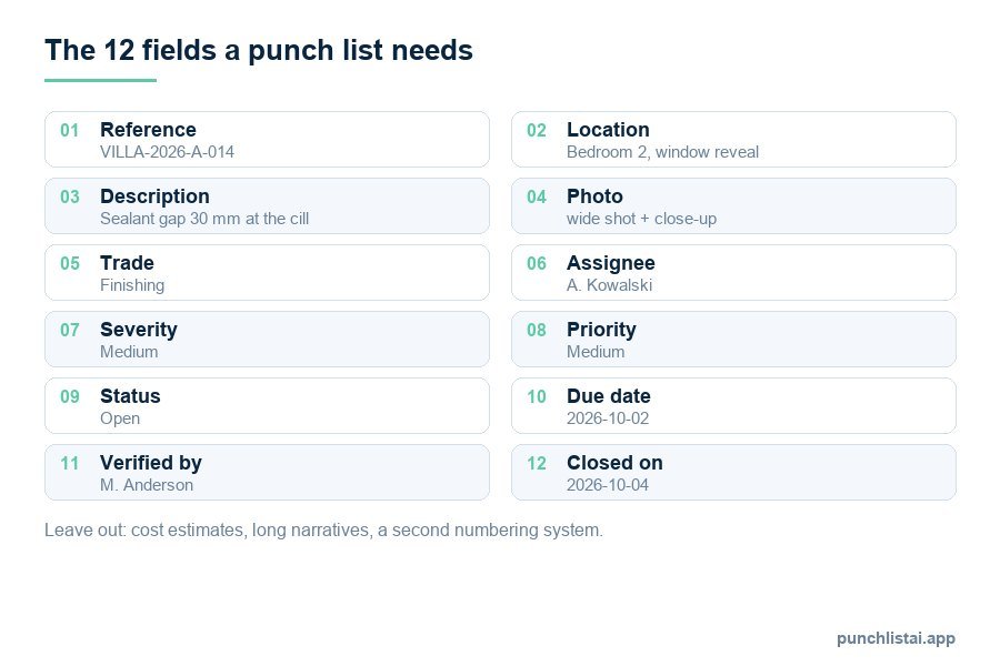 Infographic of the twelve fields of a punch list template with an example value for each: reference, location, description, photo, trade, assignee, severity, priority, status, due date, verified by, closed on