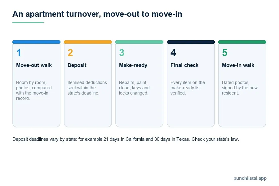 Five-step diagram of an apartment turnover: move-out walk compared with the move-in record, itemised deposit deductions within the state deadline, make-ready repairs and cleaning, final check, move-in walk signed by the new resident