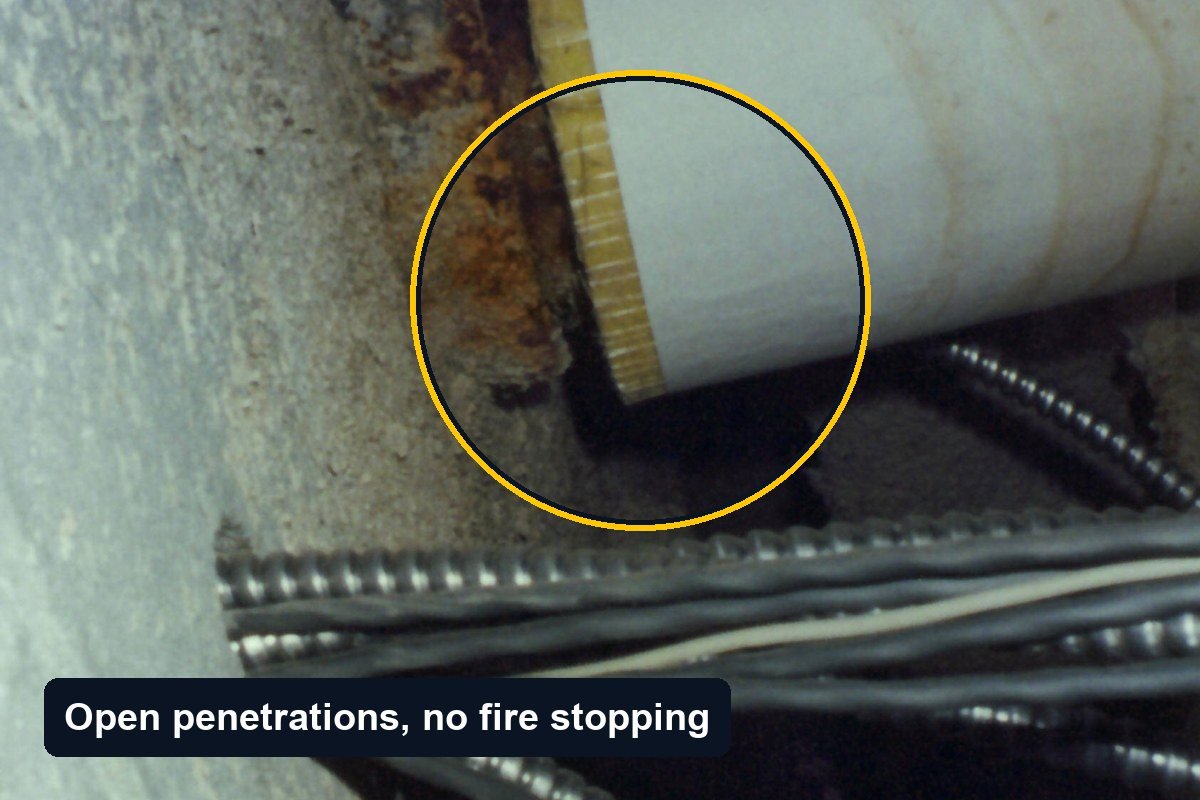 Insulated pipe passing through a concrete block wall with an open gap around it and armoured cables running through the same unsealed opening