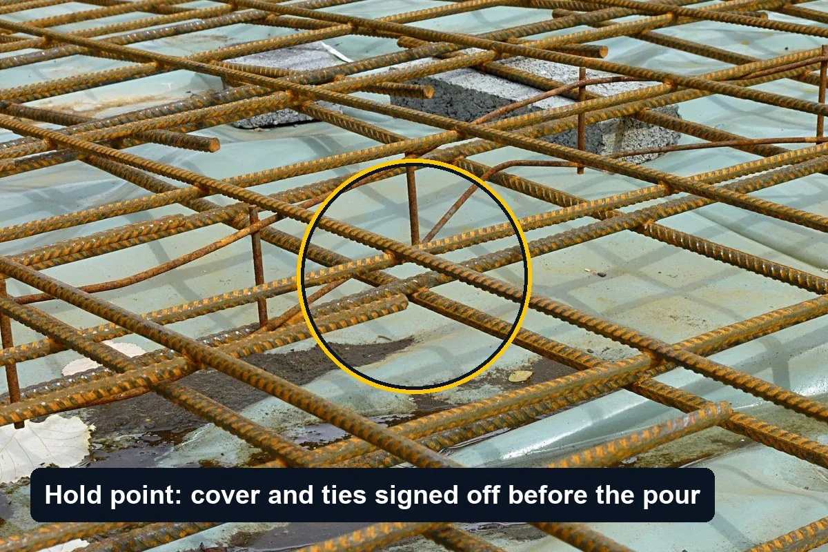 Close-up of a steel reinforcement mesh with tied bars over a slab, circled, with the label Hold point: cover and ties signed off before the pour