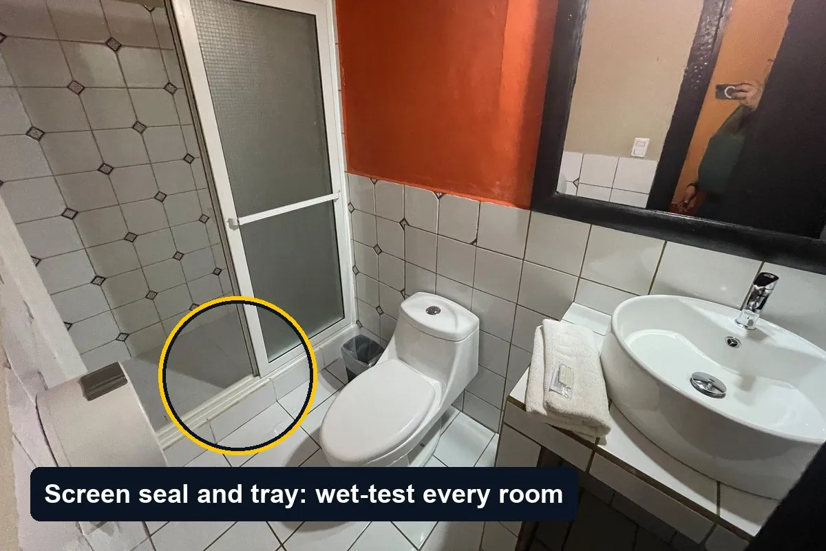 A hotel guest bathroom with a framed glass shower screen, toilet and vessel basin; the base of the shower screen is circled with the label Screen seal and tray: wet-test every room