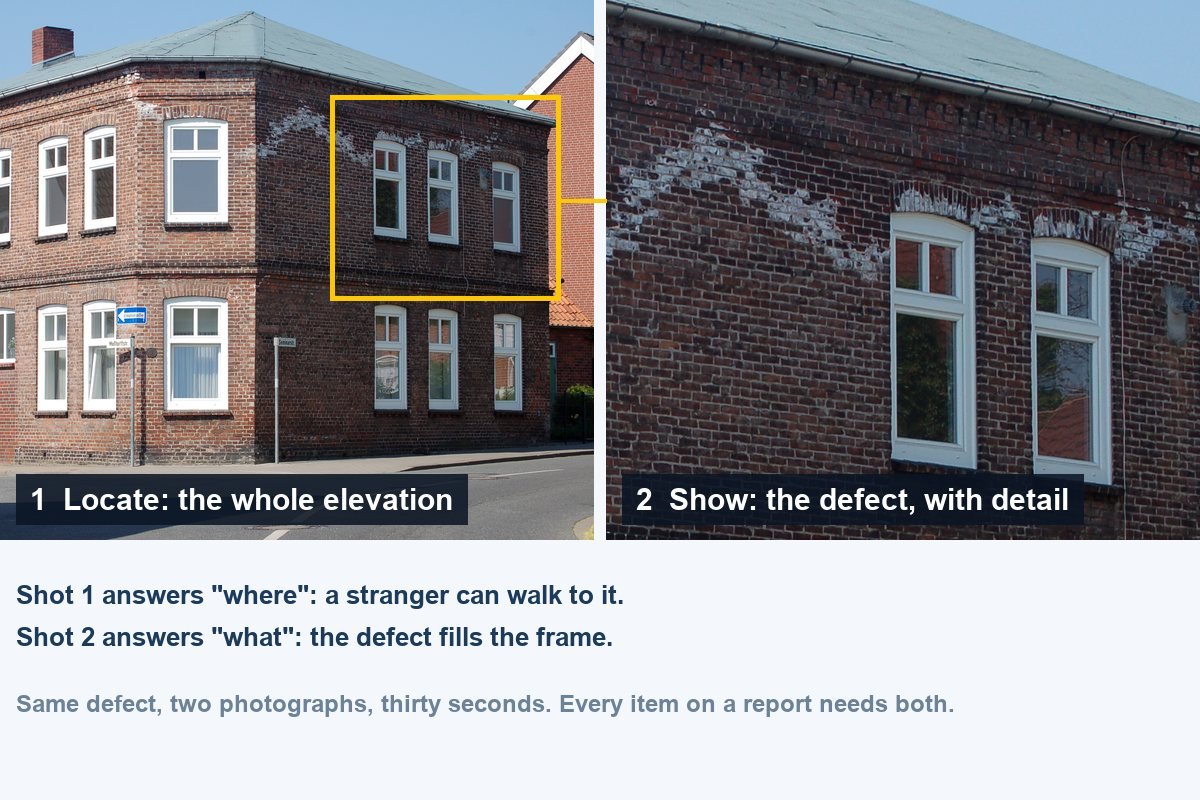 Two photographs of the same brick house side by side: a wide shot of the whole elevation with the defect area boxed, and a close-up of the efflorescence band above the windows