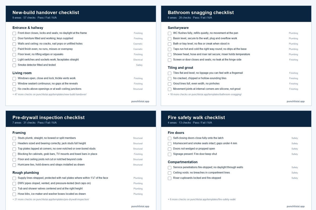 Four inspection checklist templates side by side: new-build handover, bathroom snagging, pre-drywall inspection and fire safety walk, each with tick boxes and the trade per check