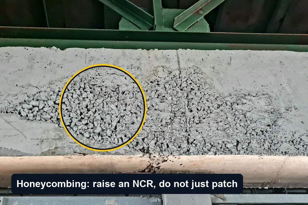 Honeycombed concrete on the face of a ring beam below a green steel frame, circled, with the label Honeycombing: raise an NCR, do not just patch
