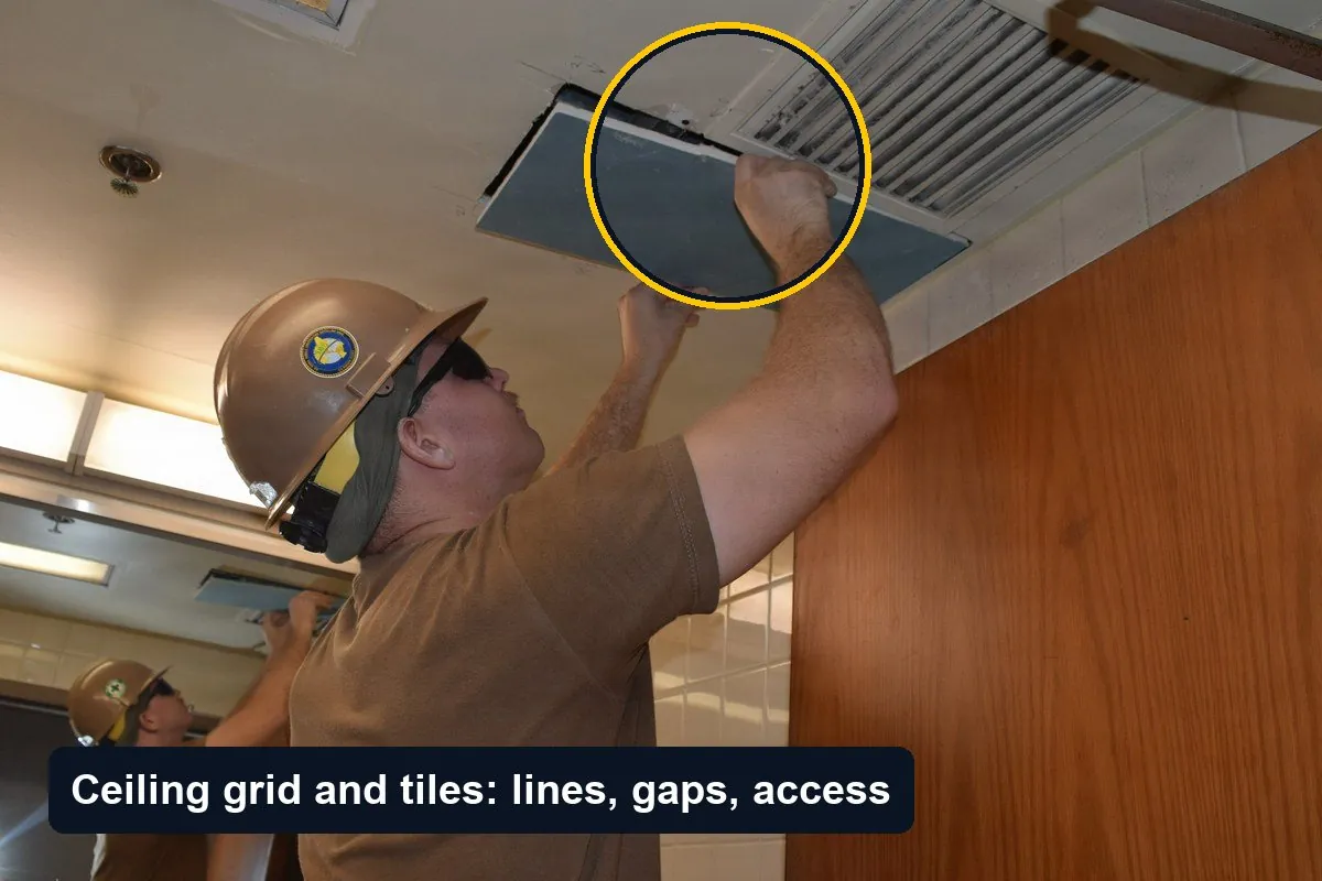 A worker in a hard hat fitting a suspended ceiling tile in an office corridor during a fit-out, circled, with the label Ceiling grid and tiles: lines, gaps, access