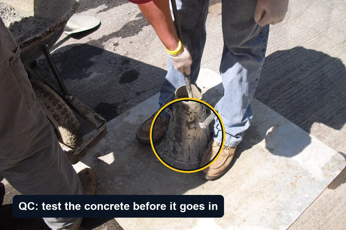 Technicians performing a slump test on fresh concrete with a cone and rod on a bridge deck, the cone circled, with the label QC: test the concrete before it goes in