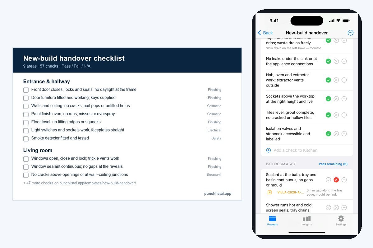 A room-by-room snagging checklist laid out as a printed page beside the same checklist on an iPhone in the Punch List AI app