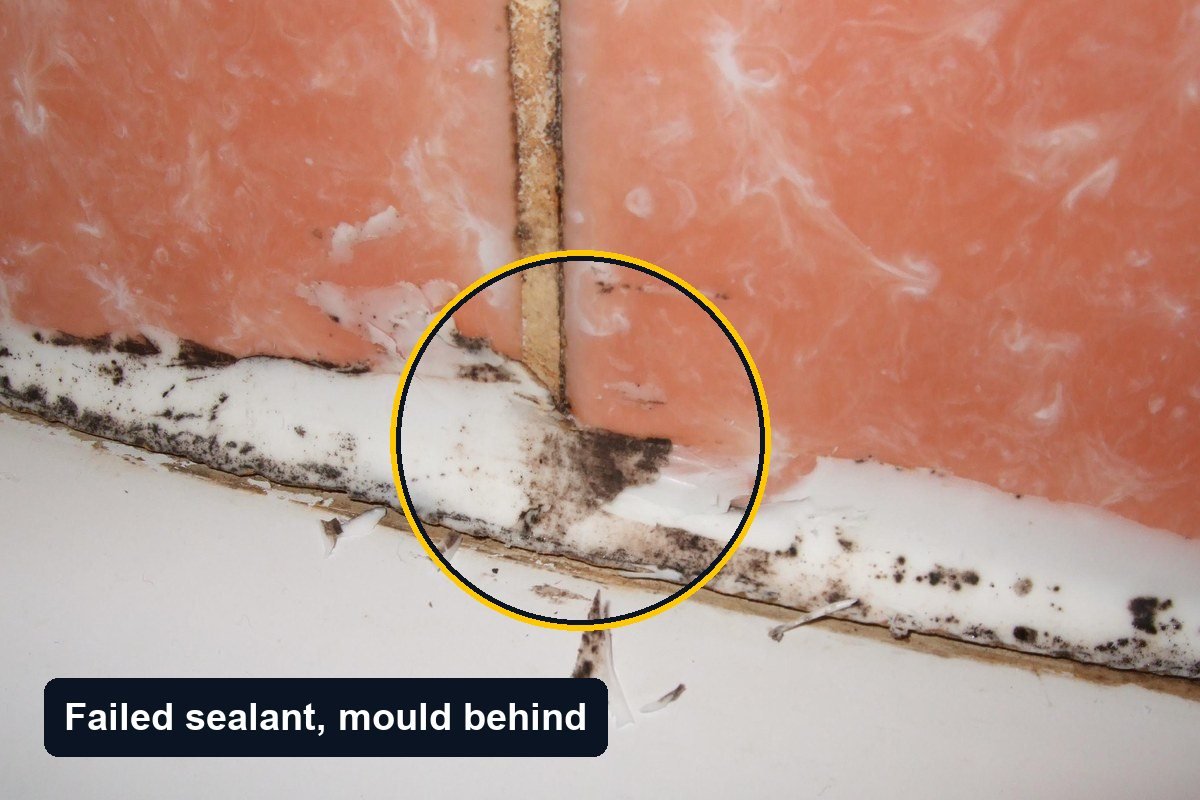 Black mould along a failed silicone sealant bead where orange wall tiles meet the white rim of a bath