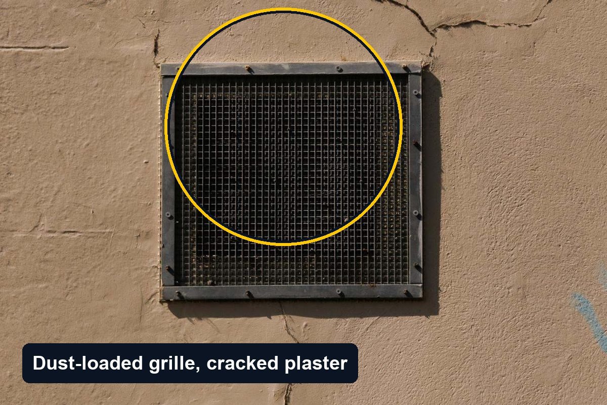 Ventilation grille caked in dust with a crack running through the plaster beside it