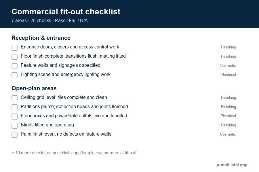 Commercial fit-out checklist template preview: 28 checks in 7 areas, with Pass, Fail and N/A boxes