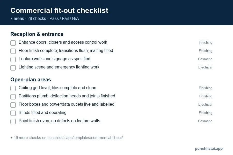 Commercial fit-out checklist template preview: 28 checks in 7 areas, with Pass, Fail and N/A boxes