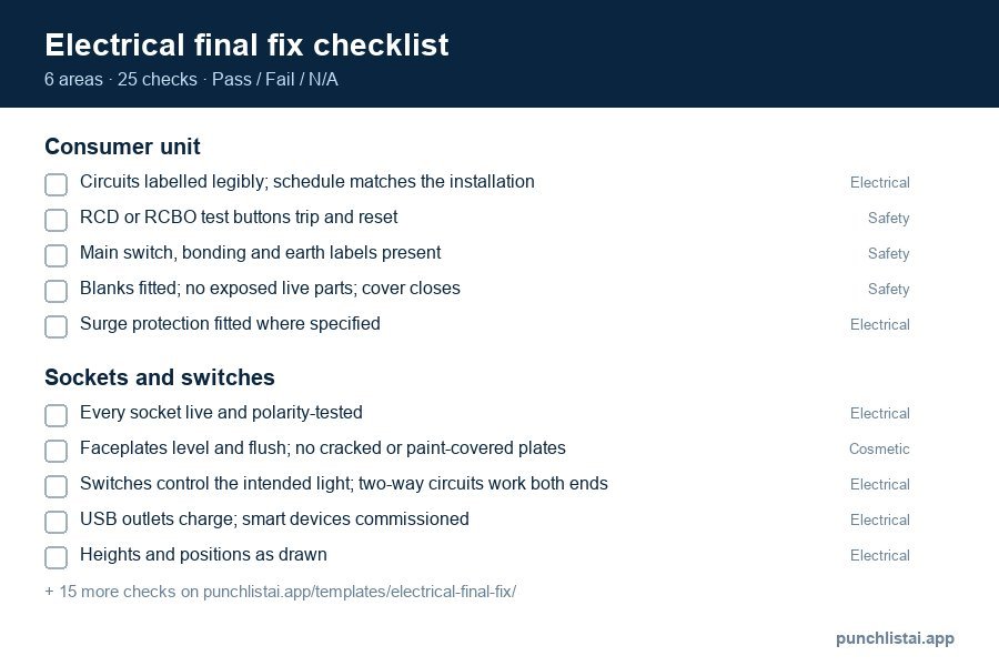 Electrical final fix checklist template preview: 25 checks in 6 areas, with Pass, Fail and N/A boxes