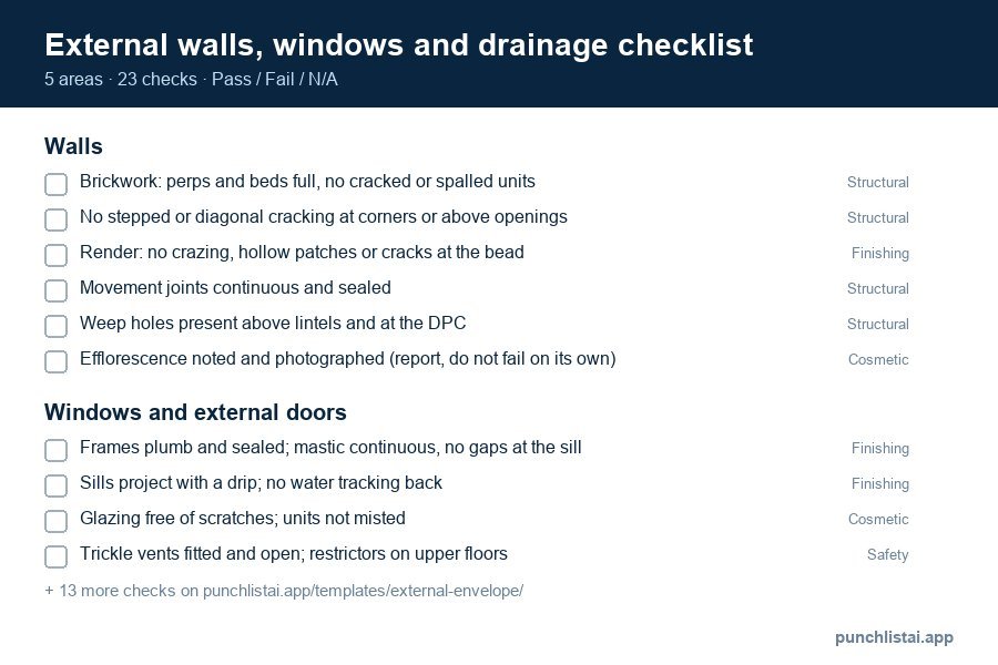 External walls, windows and drainage checklist template preview: 23 checks in 5 areas, with Pass, Fail and N/A boxes
