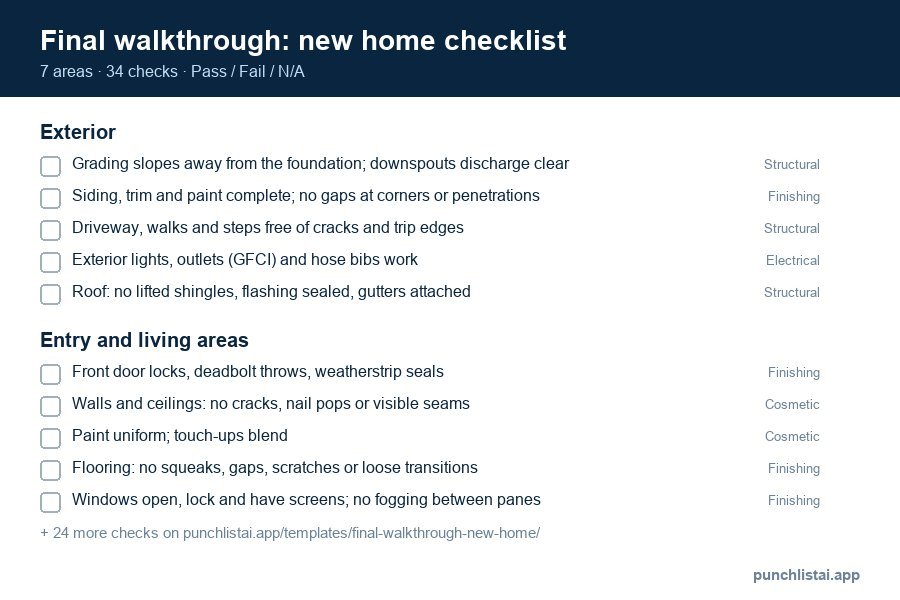 Final walkthrough: new home checklist template preview: 34 checks in 7 areas, with Pass, Fail and N/A boxes