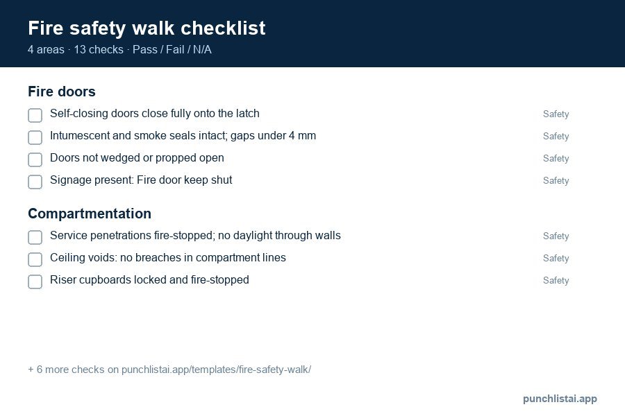 Fire safety walk checklist template preview: 13 checks in 4 areas, with Pass, Fail and N/A boxes