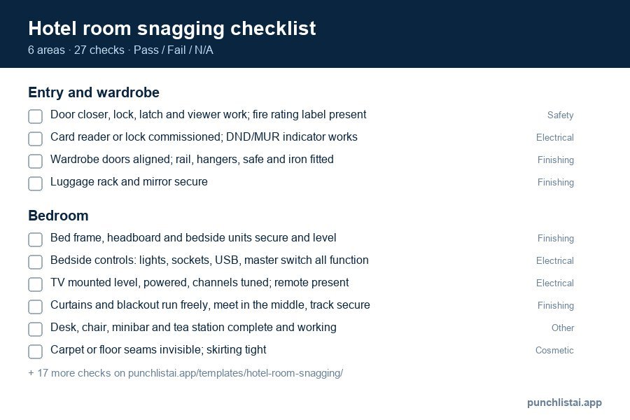 Hotel room snagging checklist template preview: 27 checks in 6 areas, with Pass, Fail and N/A boxes