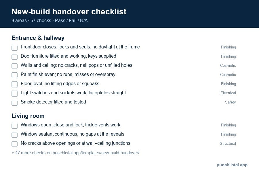 New-build handover checklist template preview: 57 checks in 9 areas, with Pass, Fail and N/A boxes
