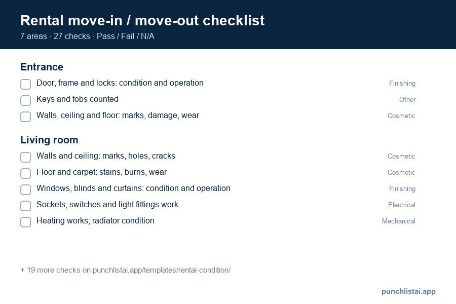 Rental move-in / move-out checklist template preview: 27 checks in 7 areas, with Pass, Fail and N/A boxes