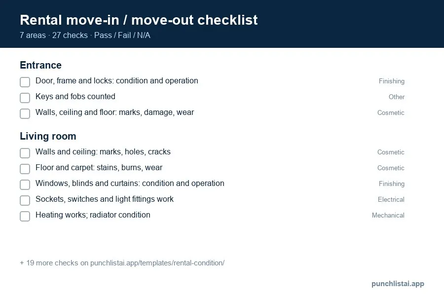 Rental move-in / move-out checklist template preview: 27 checks in 7 areas, with Pass, Fail and N/A boxes