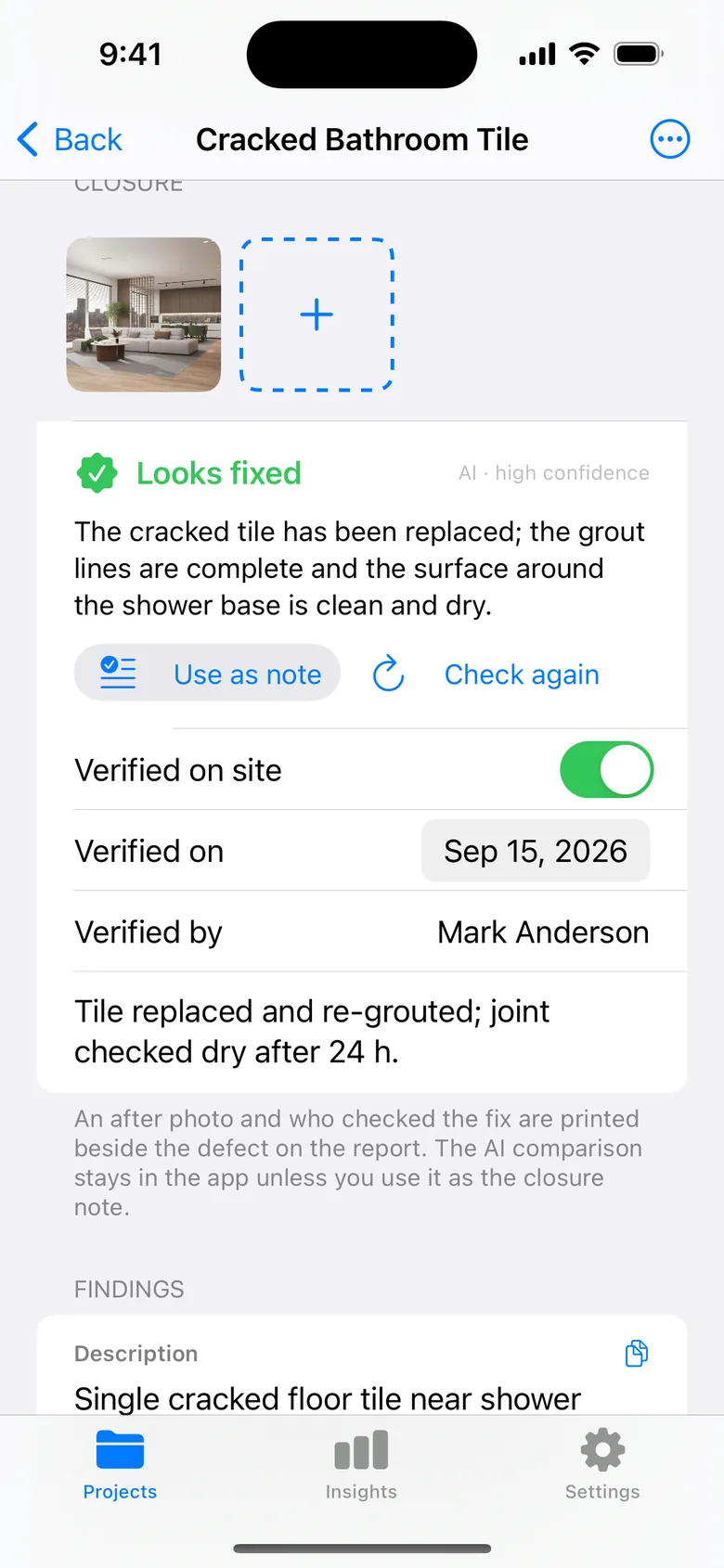 Closure: after photo, verified on site, and the AI’s read of before and after.