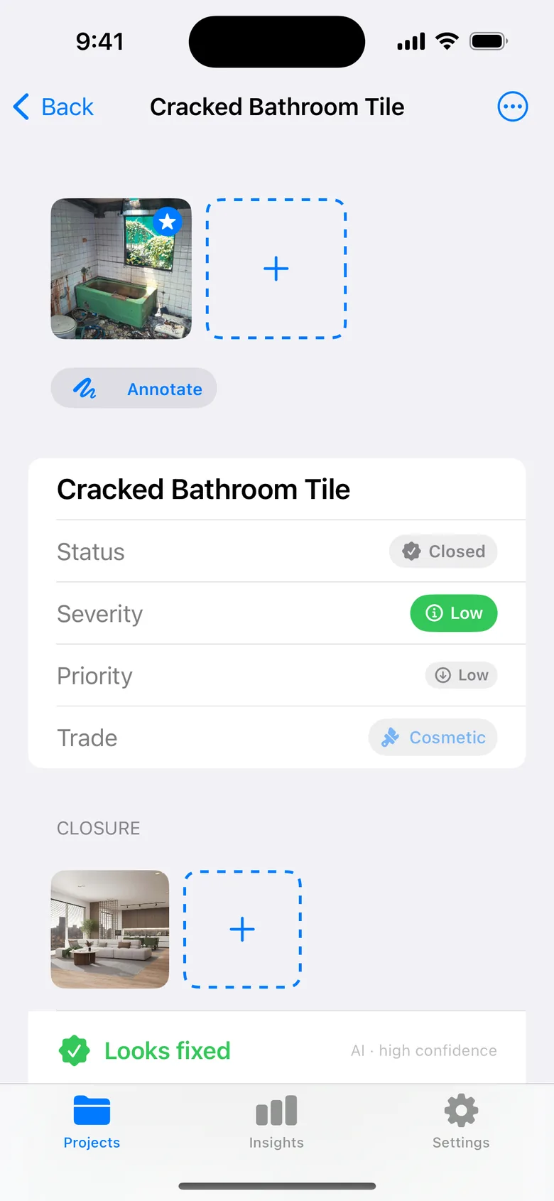 The item screen: photos, the classification in one card, closure, findings.