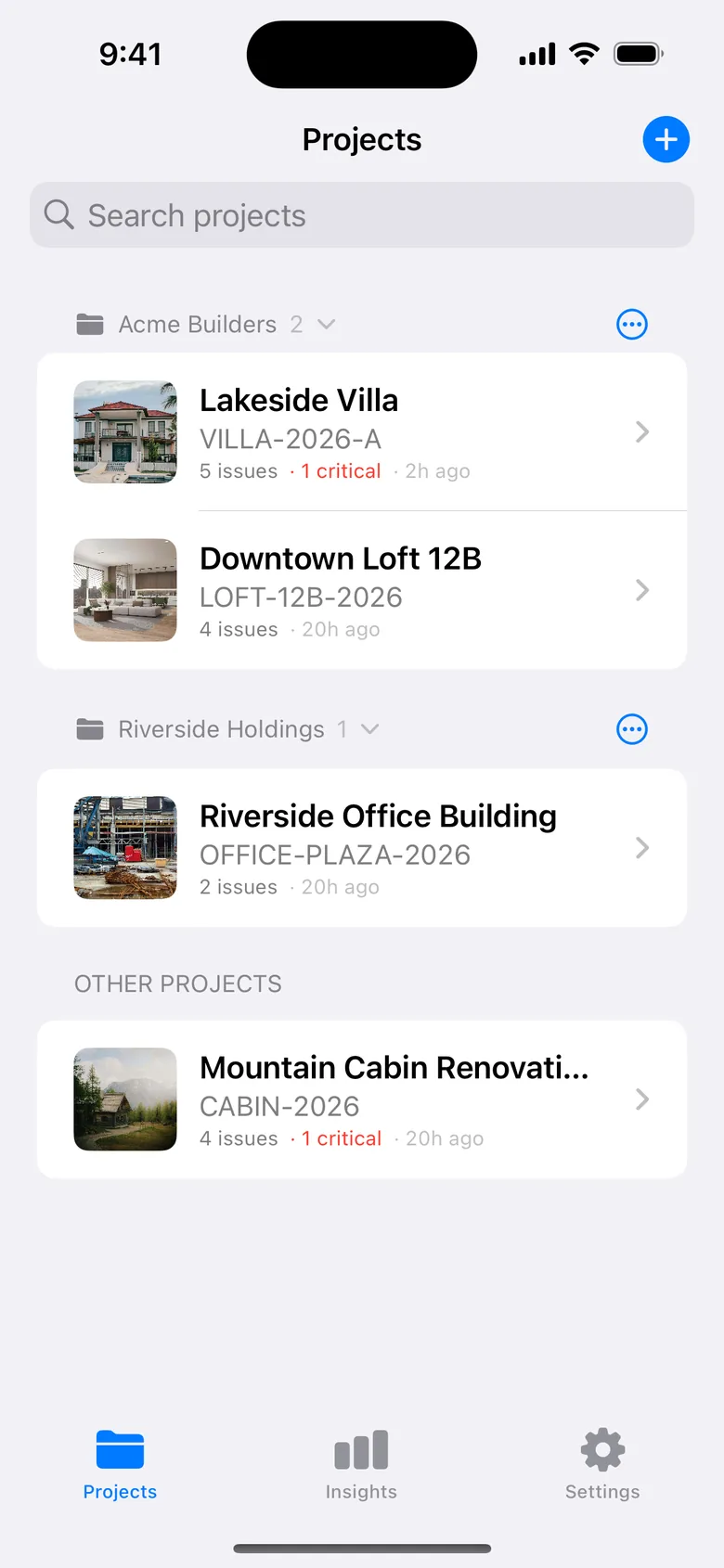 The Projects tab: folders by client, and the project beside it on iPad.