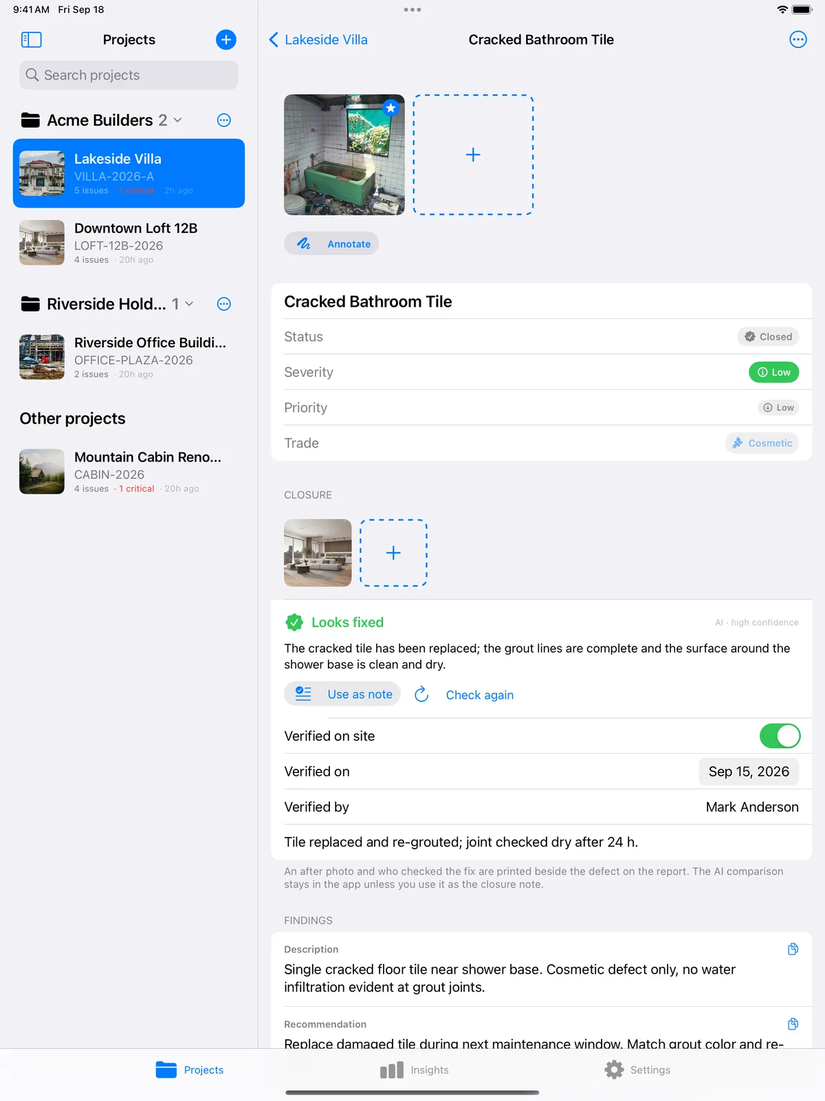 Closing an item on iPad: before and after photos, verification line and the AI comparison card