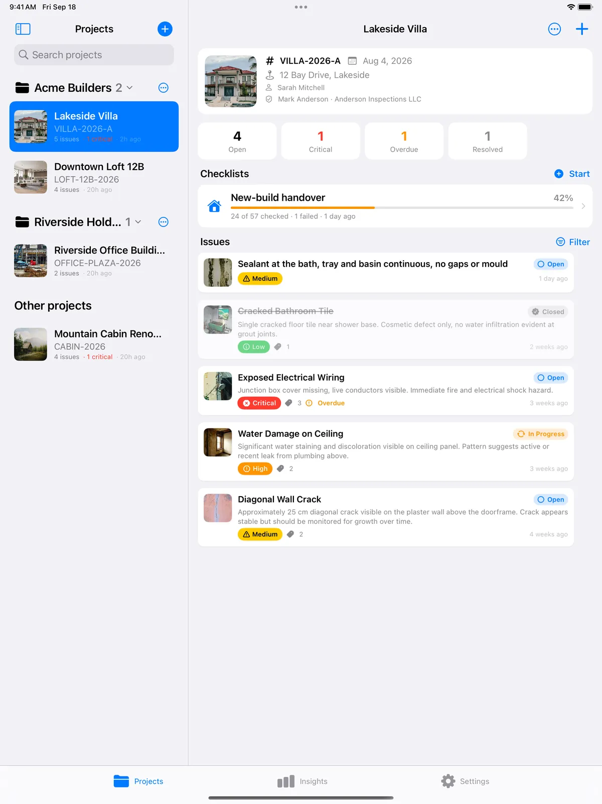 Punch List AI on iPad Pro: the project list on the left, the selected project with its checklists and items on the right