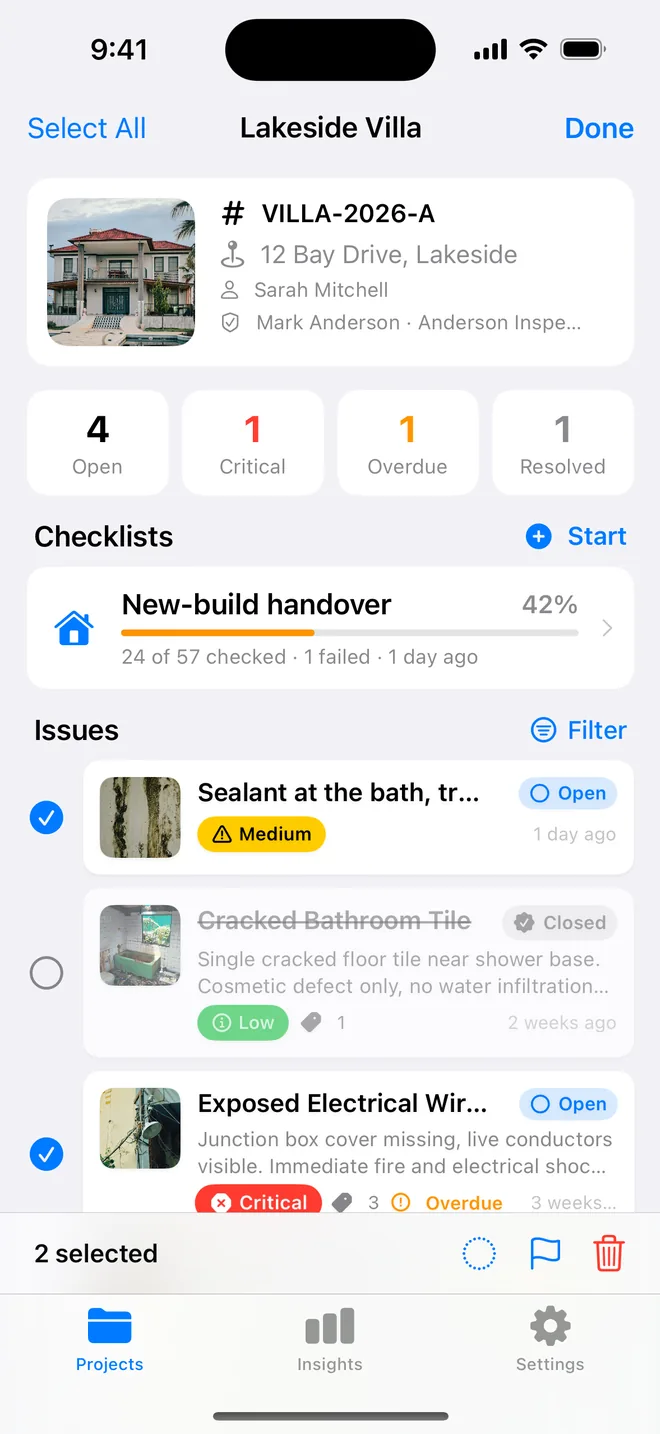 Two items selected with the bulk action bar for status, priority and delete