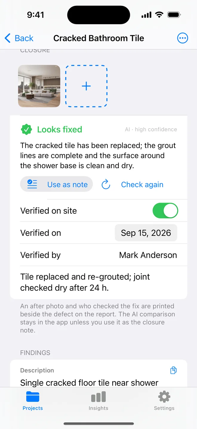 Closing an item: after photo, verified by, note