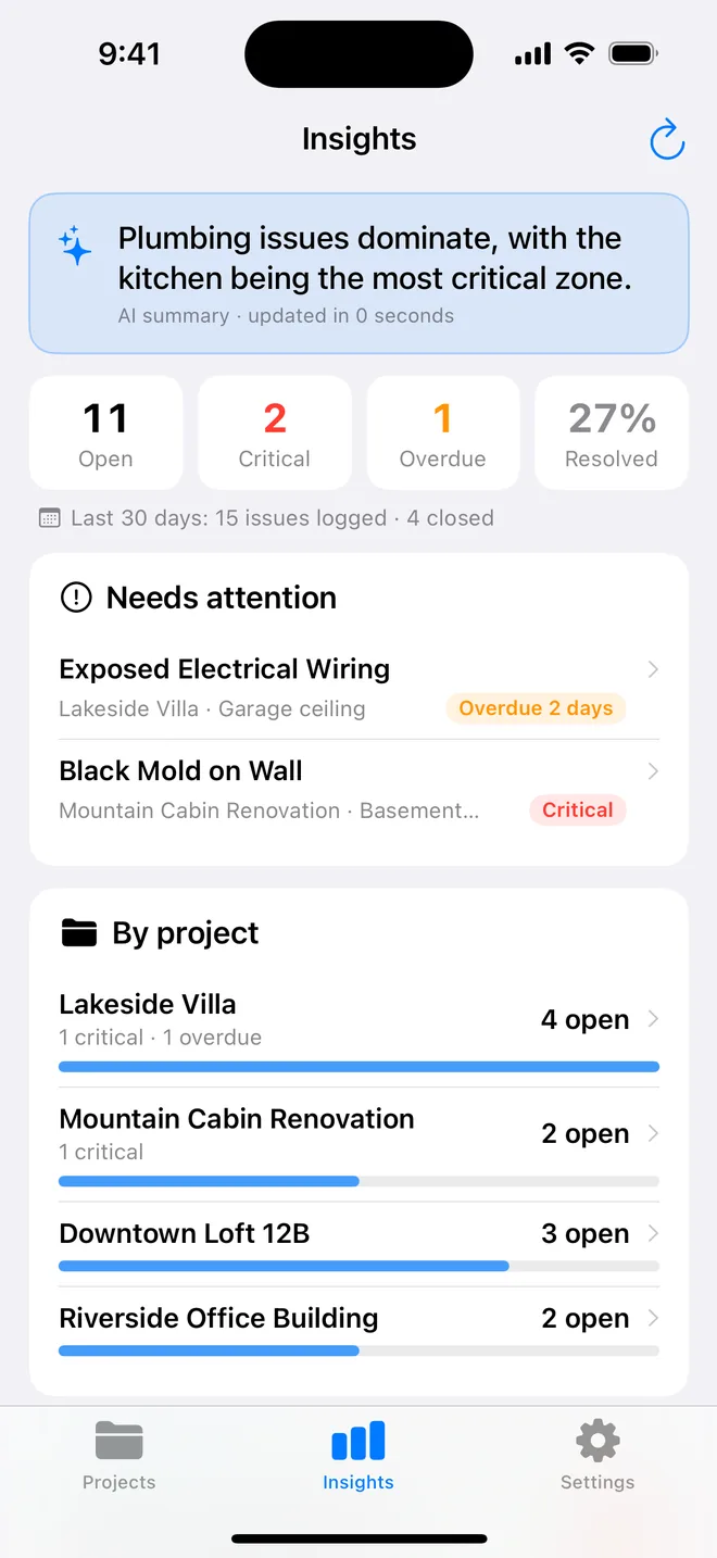 AI Insights screen showing recurring defect patterns detected across multiple properties