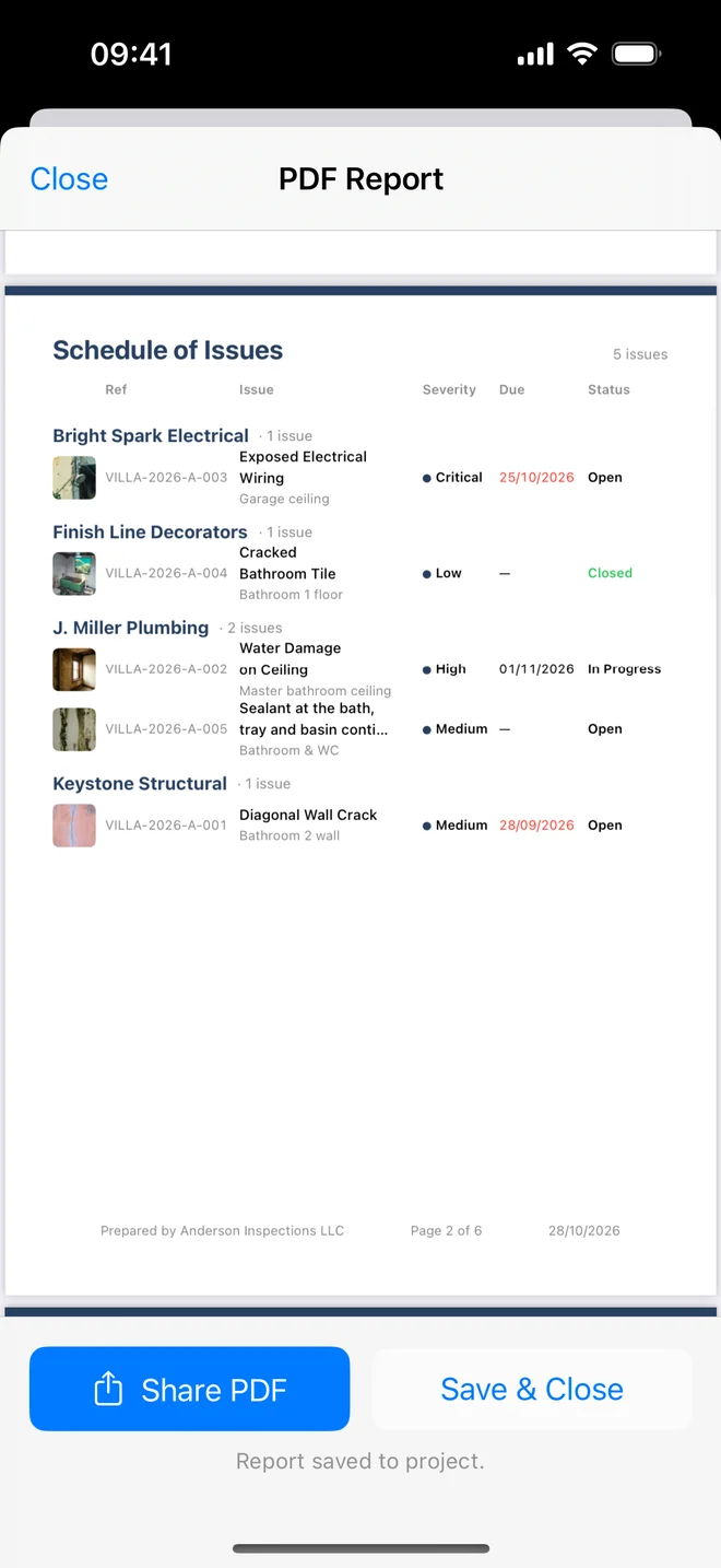 A PDF schedule page grouped by contractor