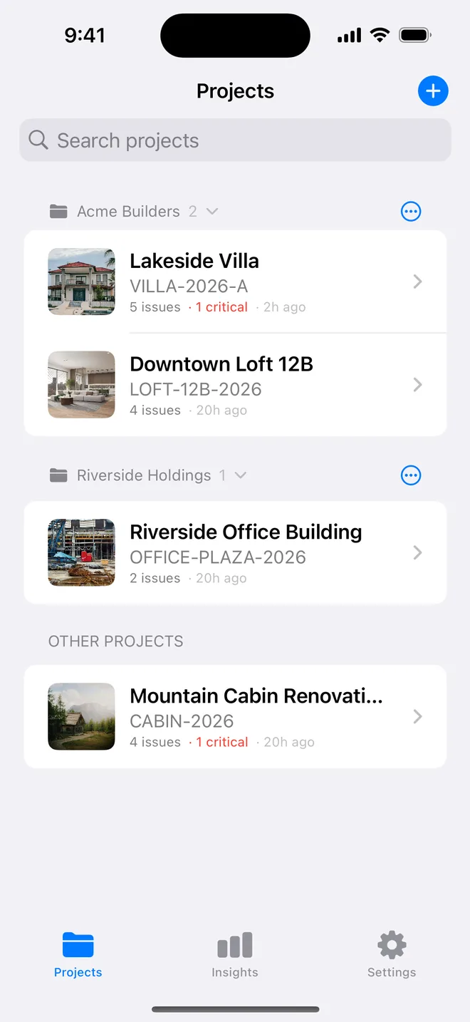 Projects grouped in client folders, each with counts and last activity