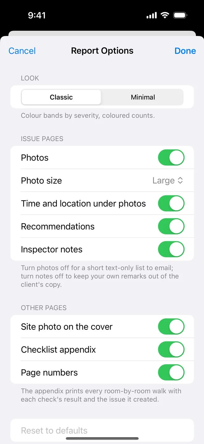 Report options with the checklist appendix toggle