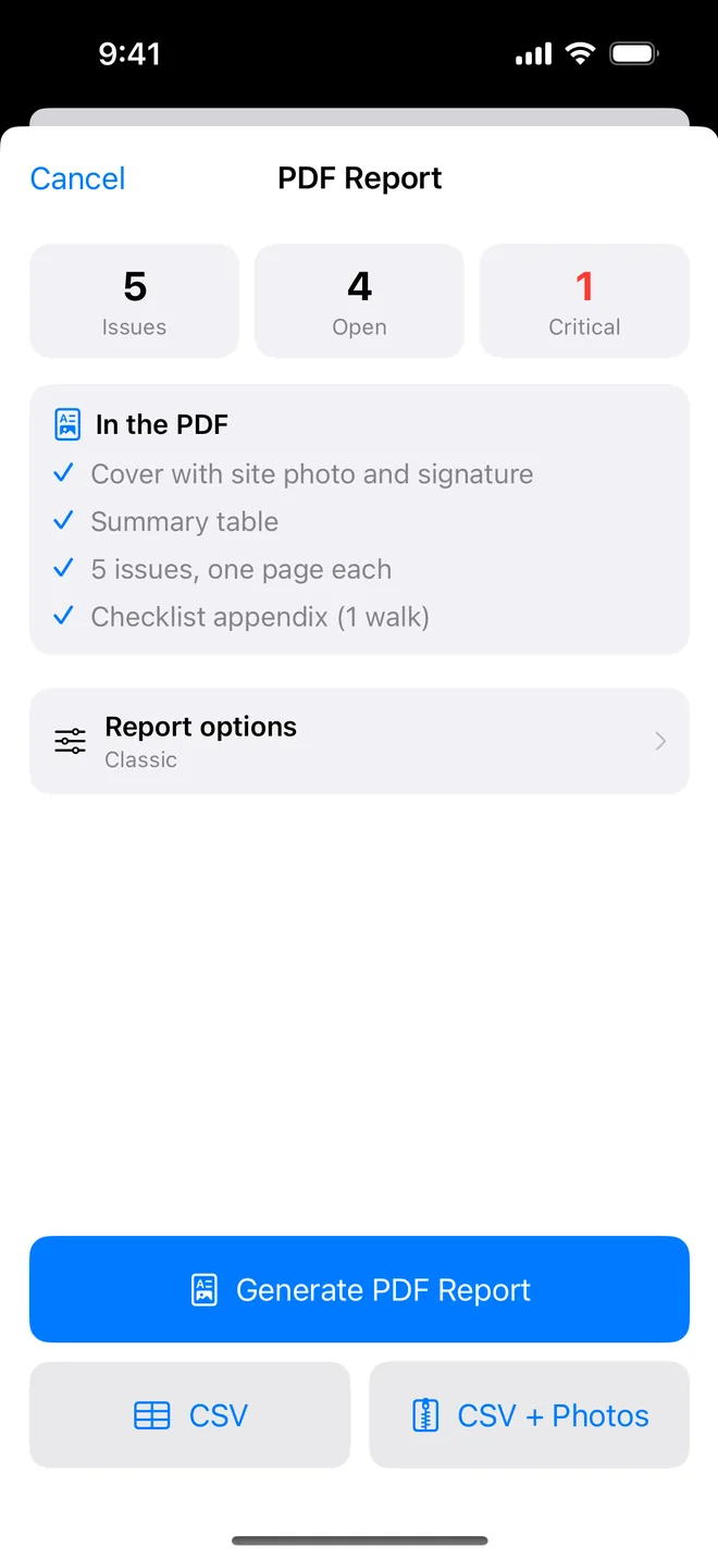 The report sheet with the CSV and CSV + Photos buttons